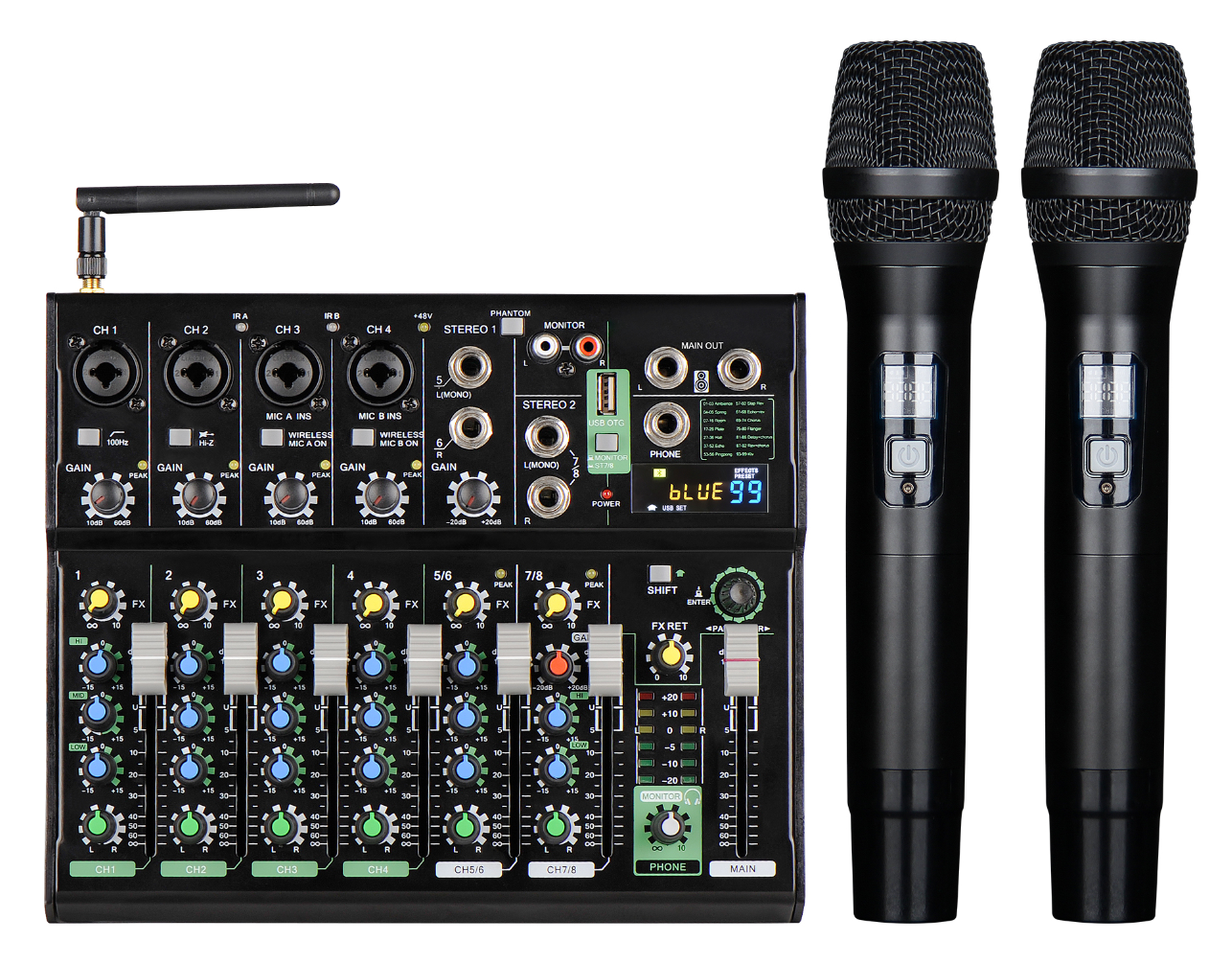 MIC802 - Mixer 8 Channels / 2 Wireless Microphones / Bluetooth / 4 Mono + 2 Stereo Inputs