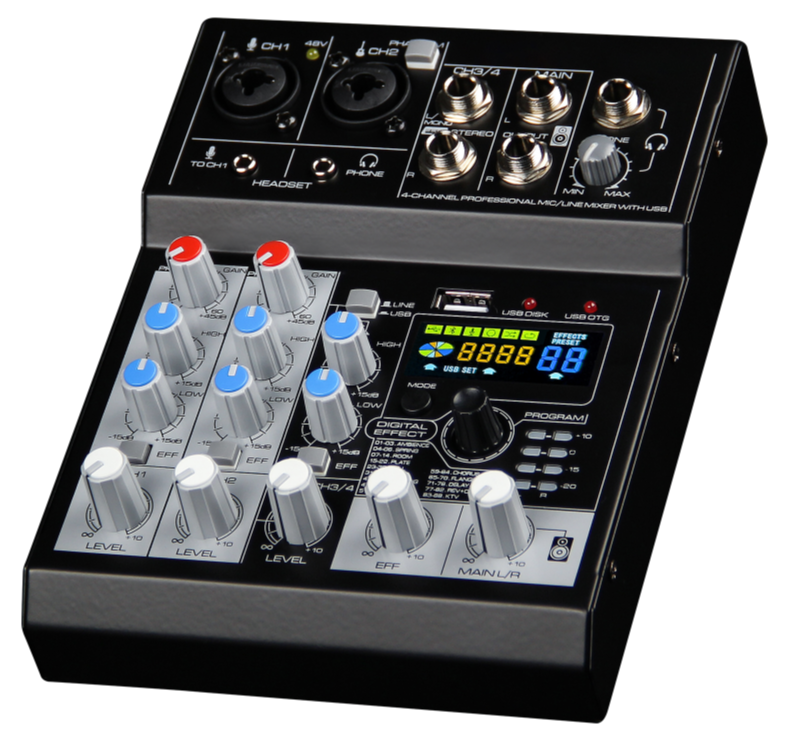 ECO4PRO - 4 Channel Mixer / Bluetooth / 2 Mono + 1 Stereo Inputs / DSP 88 Effects / 2 Band Equalizer